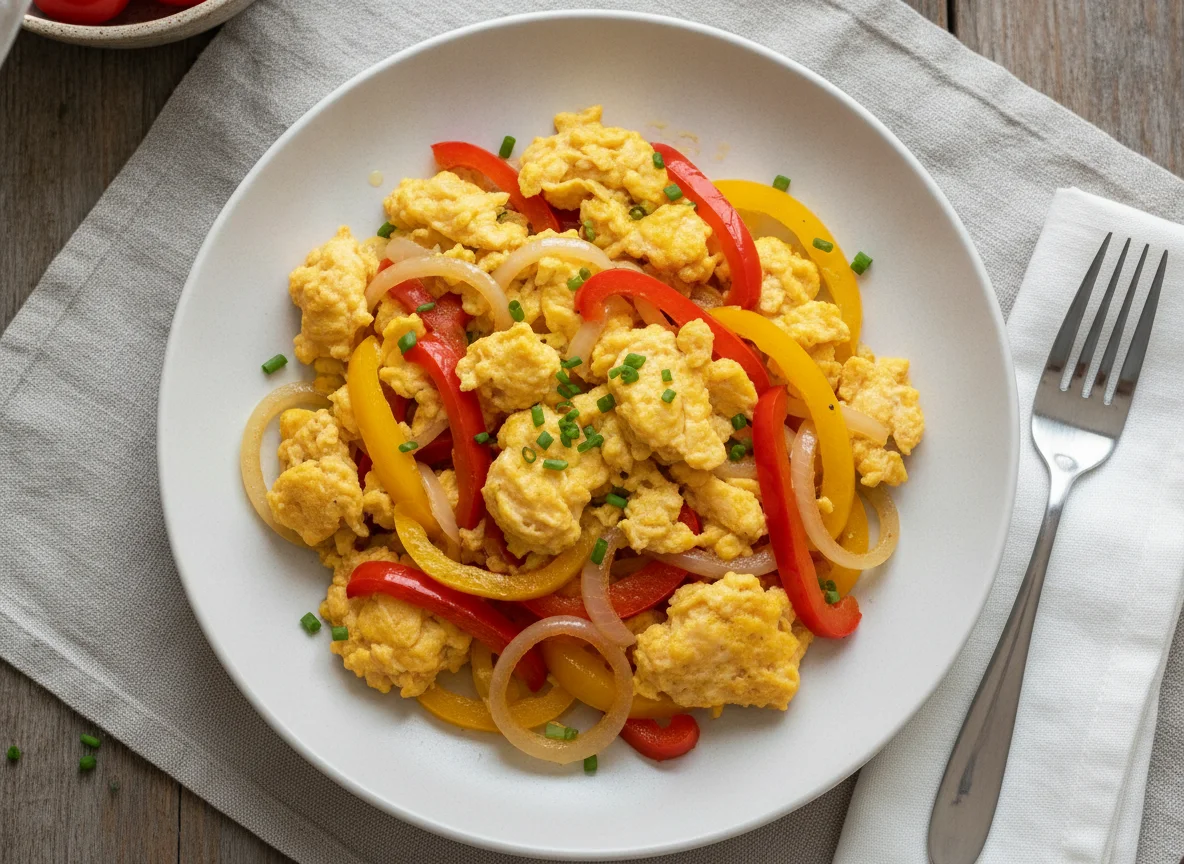 Scrambled eggs with peppers and onions photo