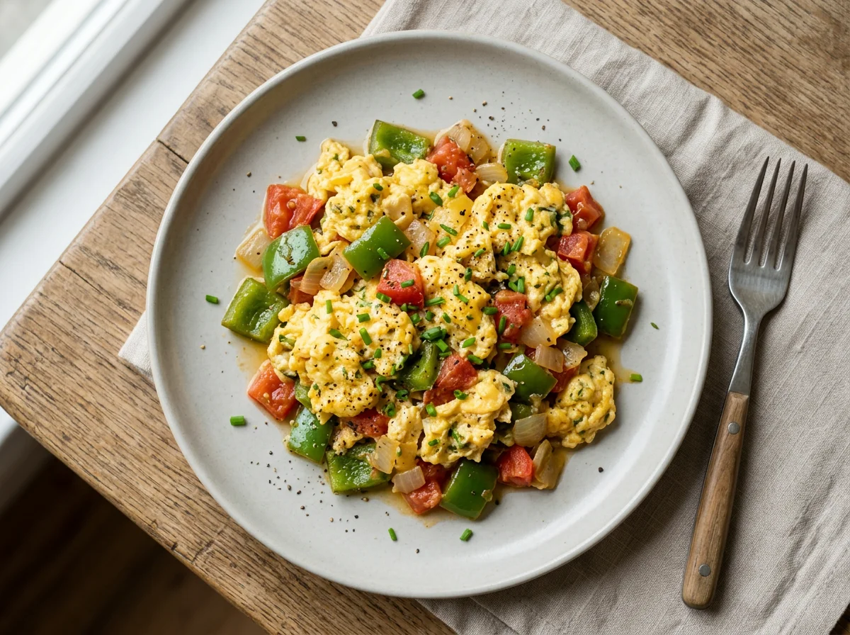 Scrambled Eggs with Peppers and Tomatoes photo