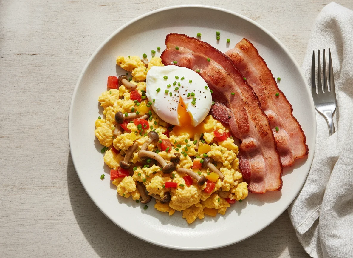 Scrambled eggs with peppers, mushrooms, bacon and poached egg photo