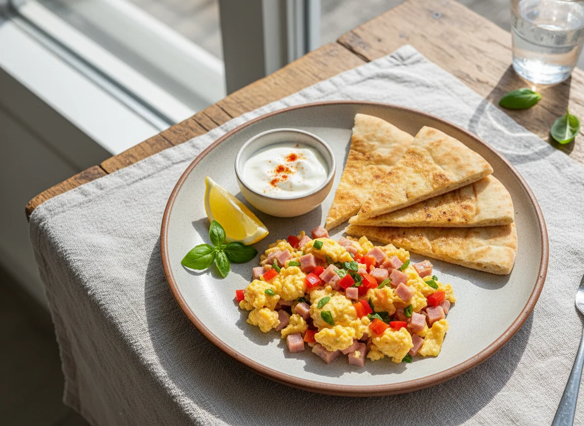 Scrambled Eggs with Pita Bread photo