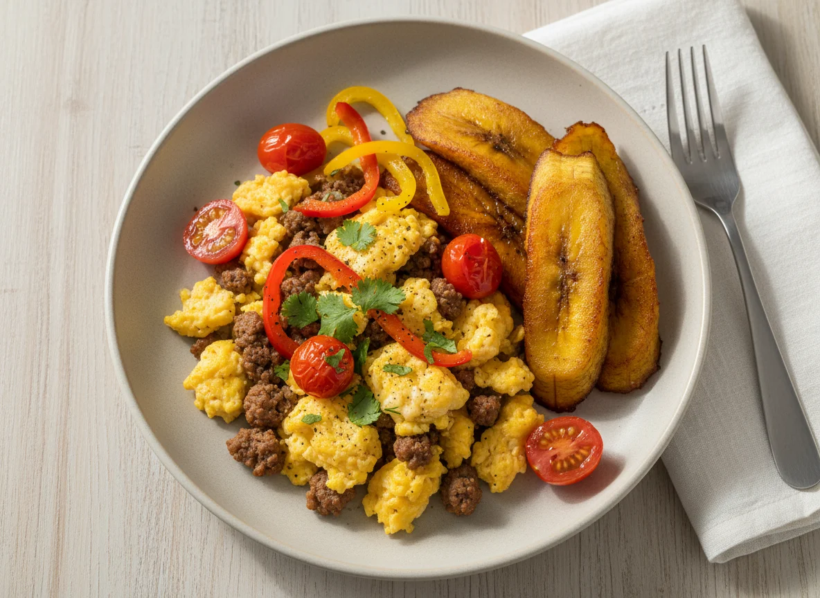 Scrambled Eggs with Plantain and Vegetables photo