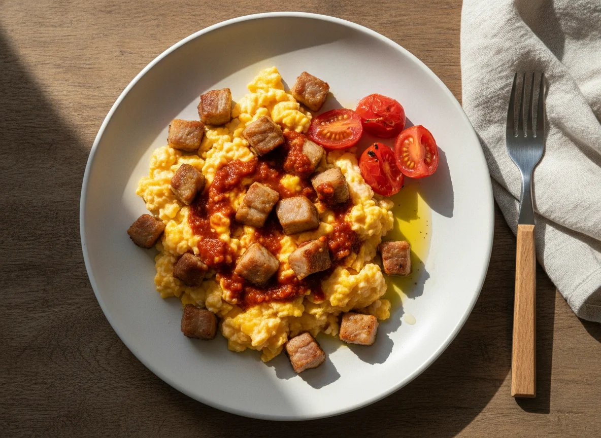 Scrambled eggs with pork and hot sauce photo