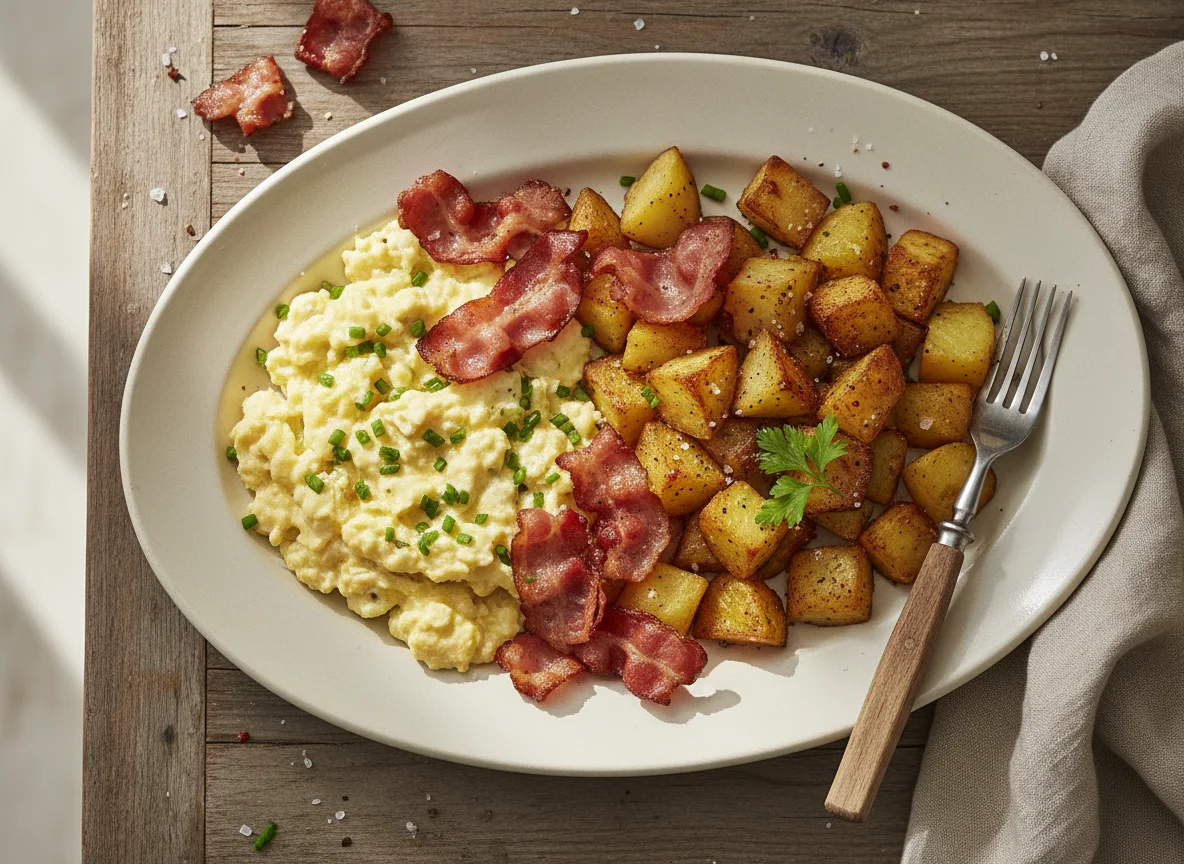 Scrambled Eggs with Potatoes and Bacon photo