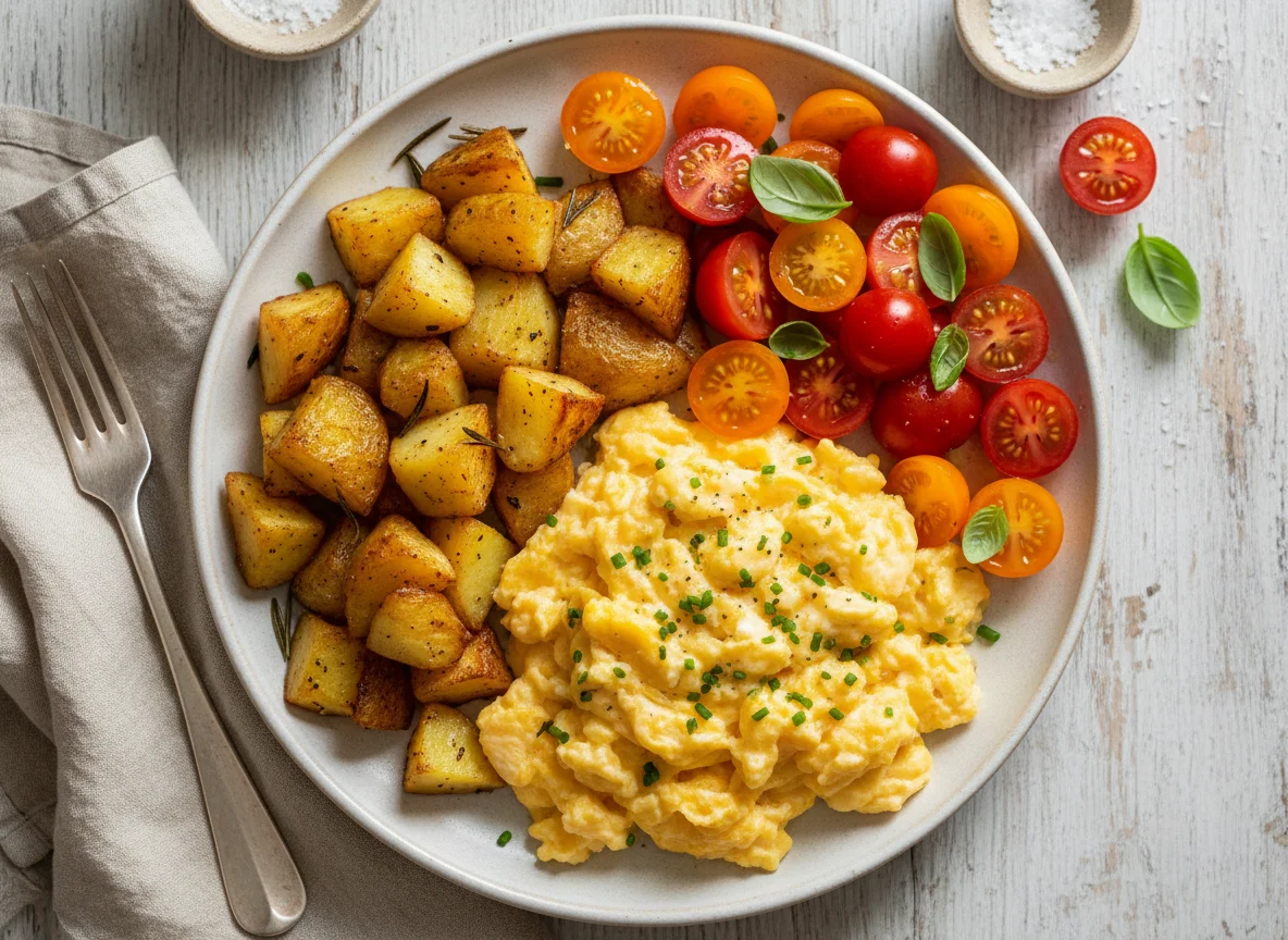 Scrambled Eggs with Potatoes and Cherry Tomatoes photo