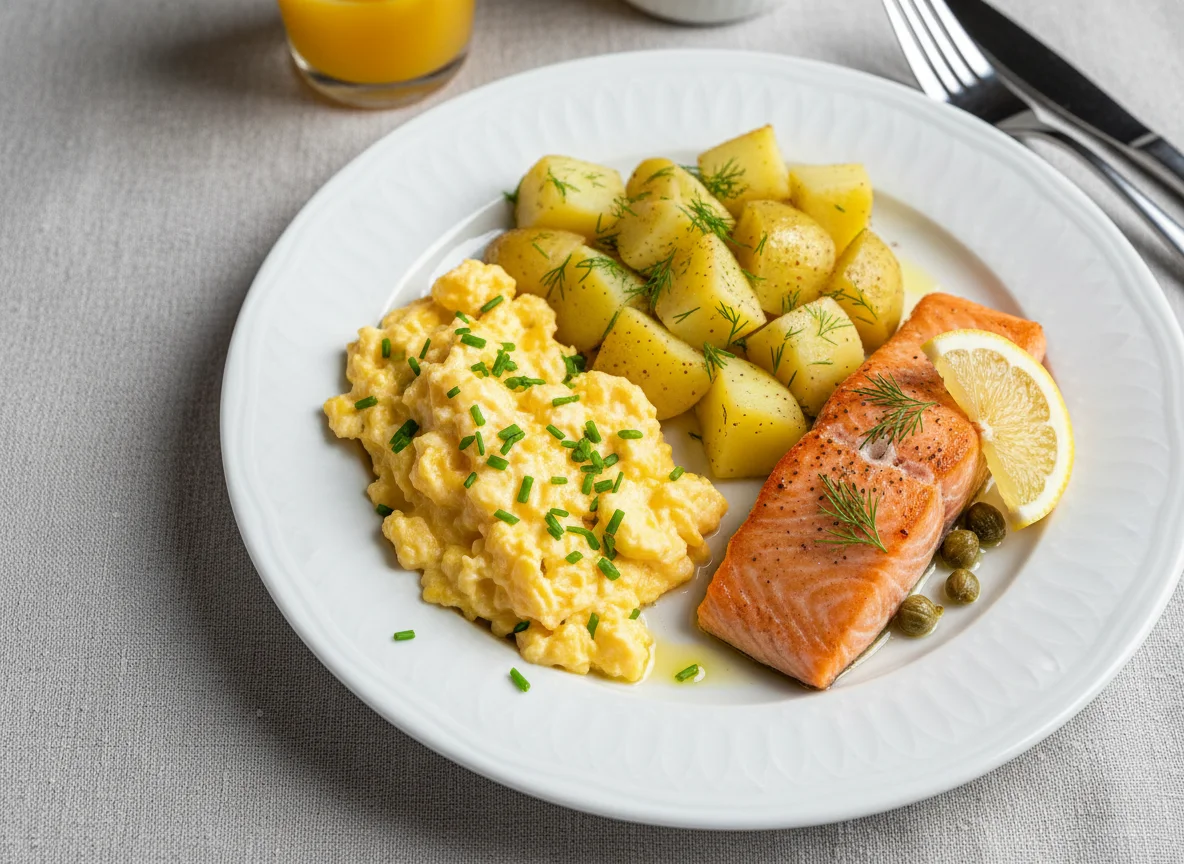 Scrambled Eggs with Potatoes and Salmon photo