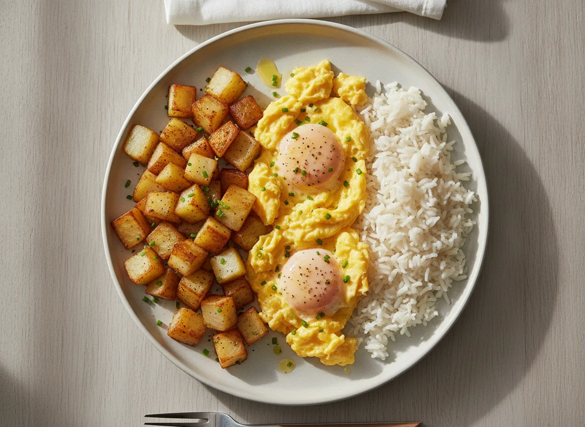 Scrambled eggs with potatoes and white rice photo