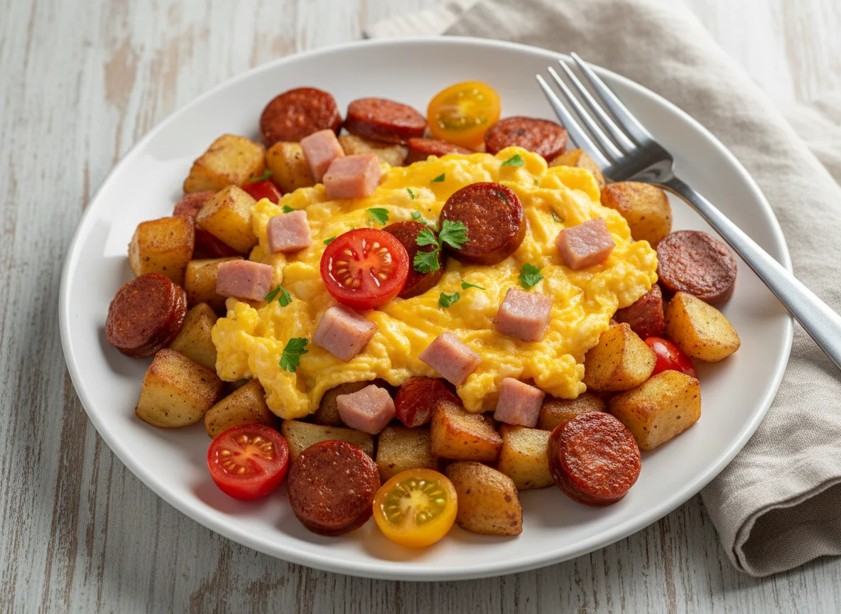 Scrambled Eggs with Potatoes, Ham, Chorizo and Tomatoes photo