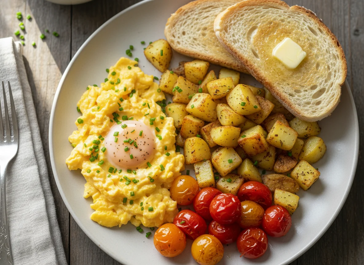 Scrambled Eggs with Potatoes, Tomatoes and Toast photo