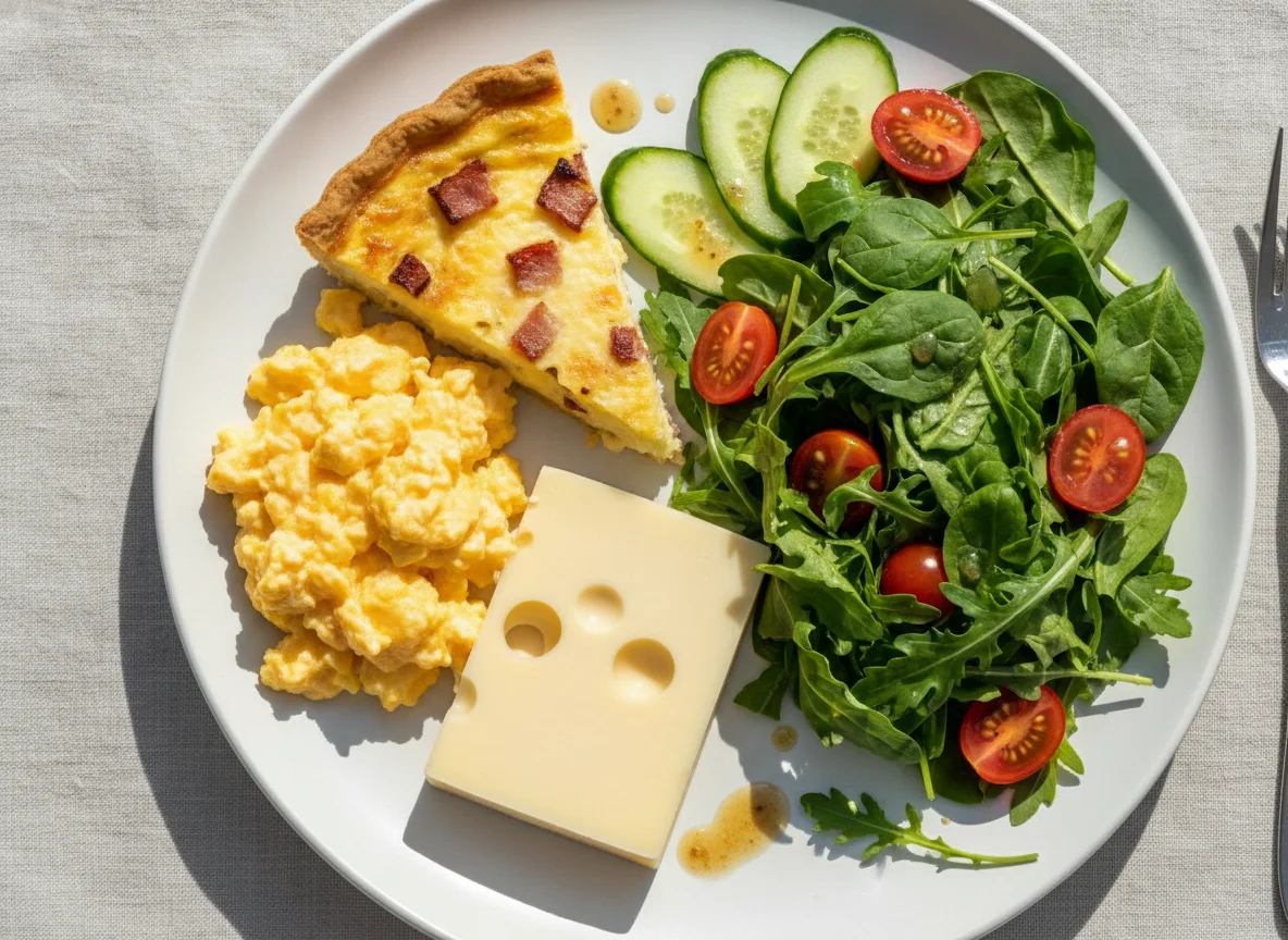Scrambled eggs with quiche, cheese, and salad photo