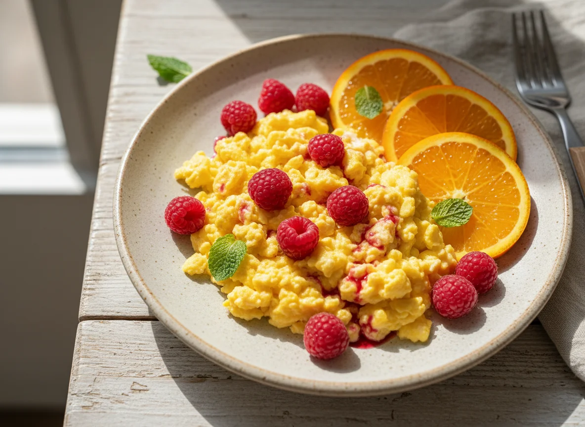 Scrambled Eggs with Raspberries and Orange Slices photo