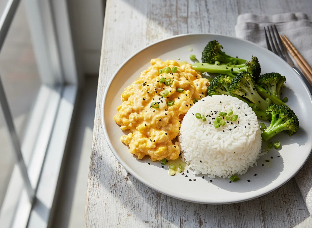 Scrambled Eggs with Rice and Broccoli photo