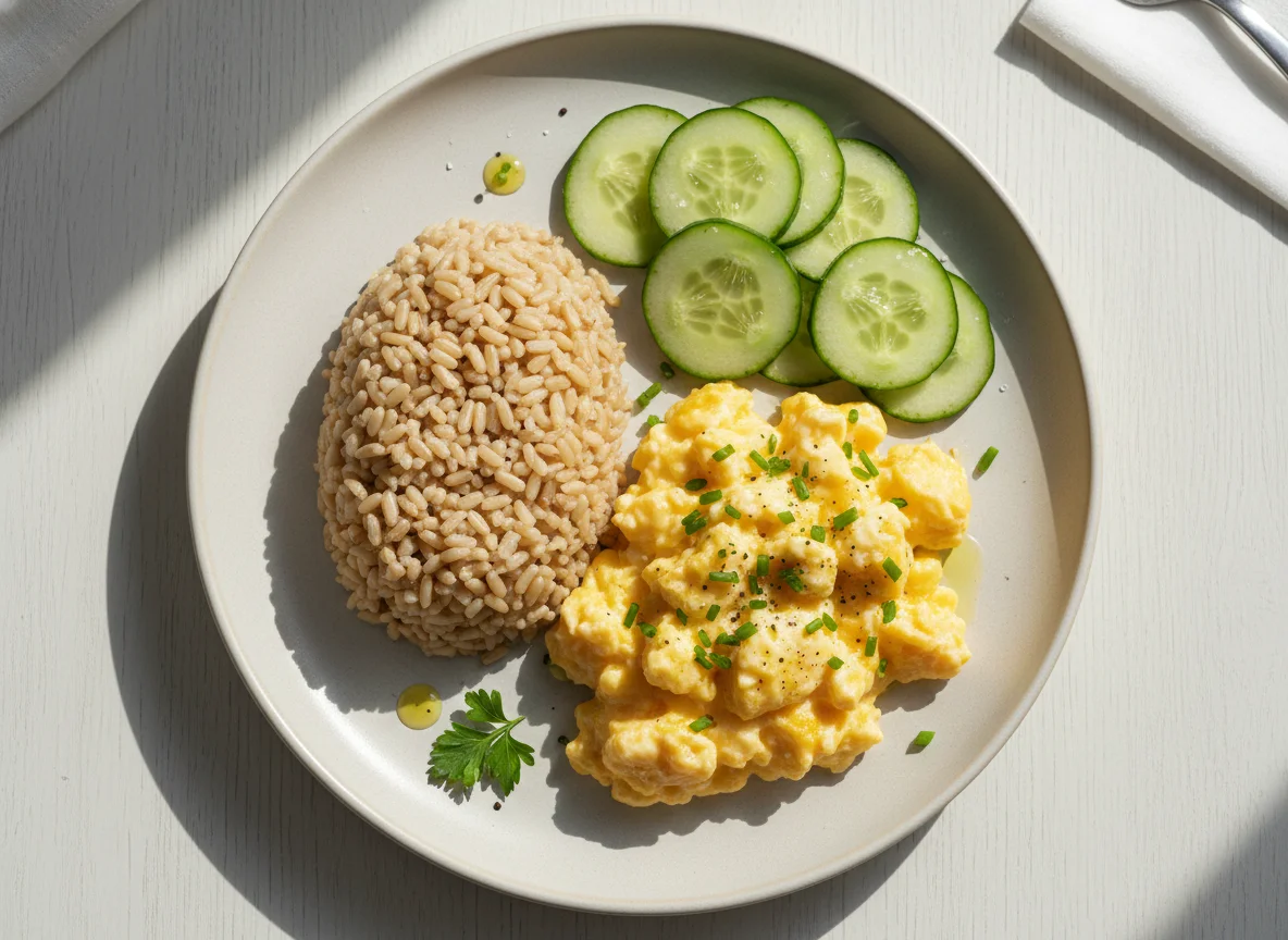 Scrambled Eggs with Rice and Cucumber photo