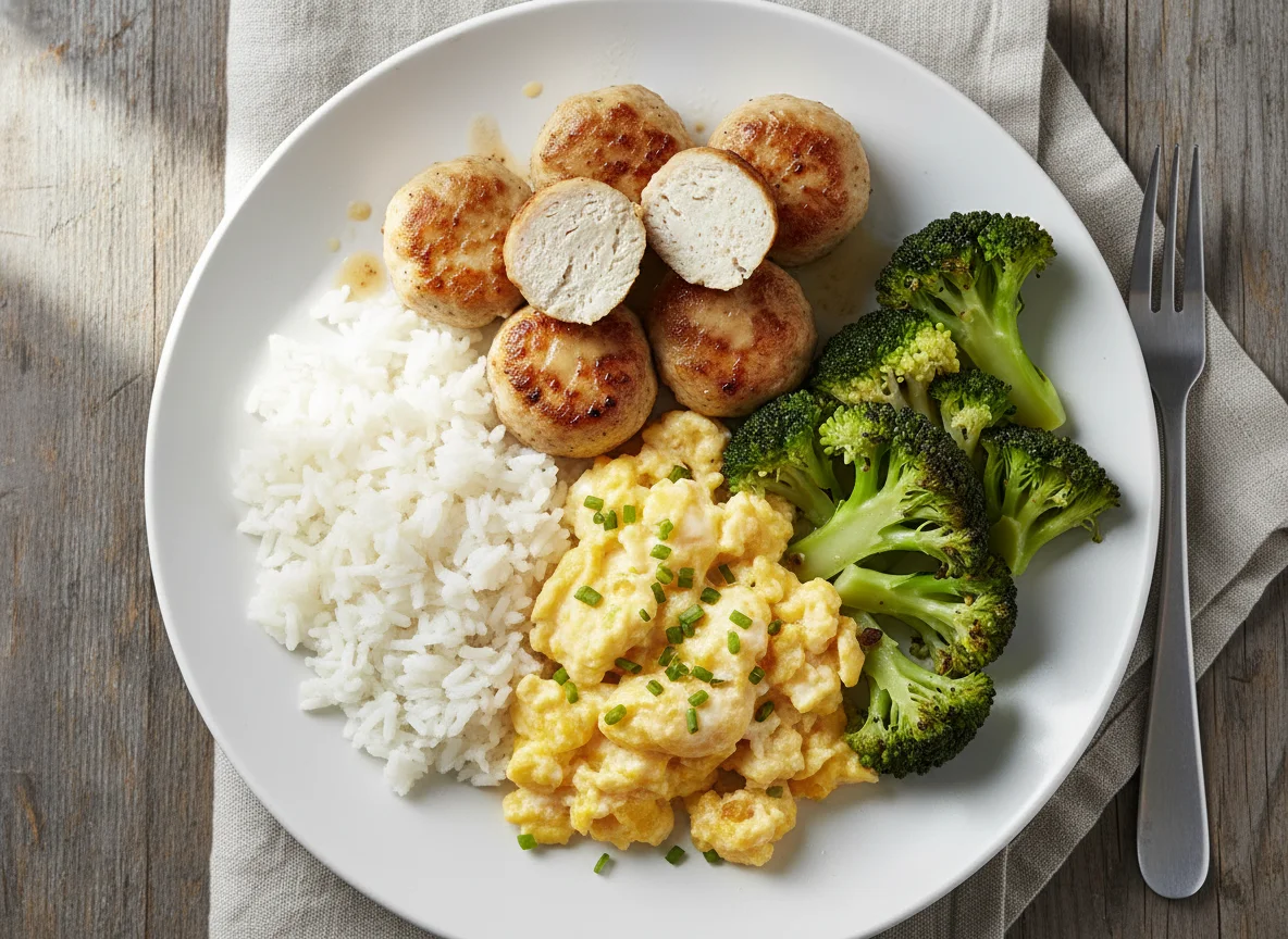 Scrambled Eggs with Rice, Broccoli and Chicken photo