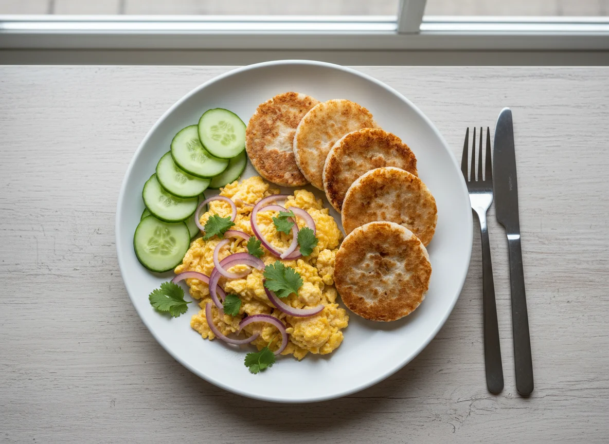 Scrambled Eggs with Rice Cakes and Cucumber photo