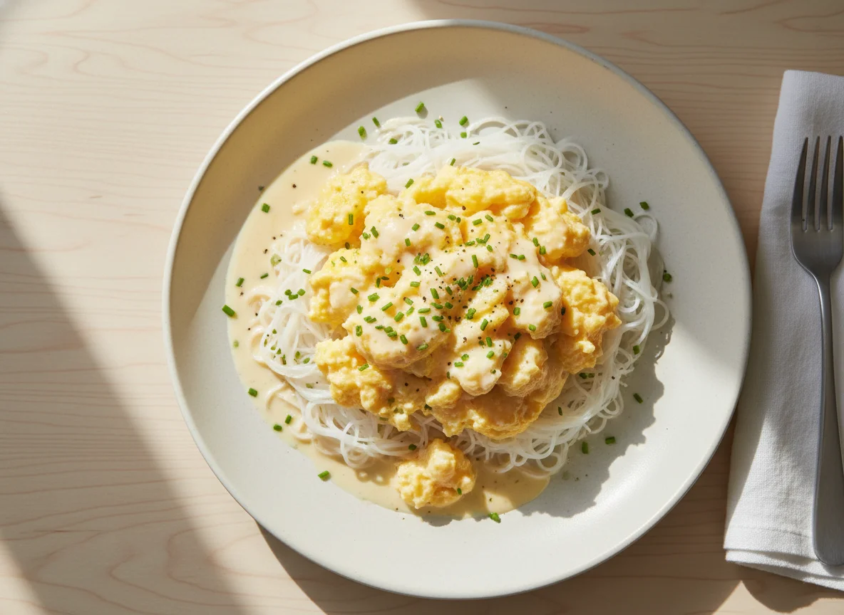 Scrambled Eggs with Rice Vermicelli and Cream Sauce photo