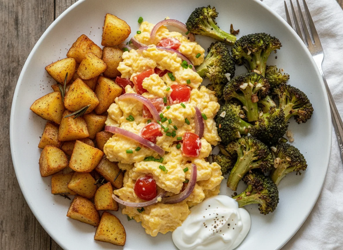 Scrambled Eggs with Roasted Potatoes and Broccoli photo