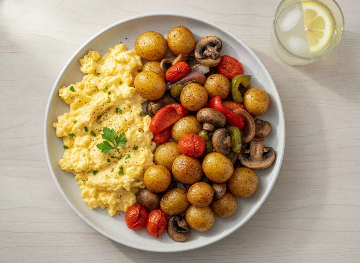 Scrambled eggs with roasted potatoes and vegetables photo