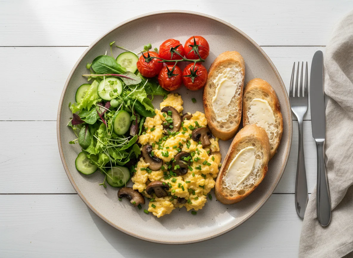 Scrambled Eggs with Roasted Tomatoes and Side Salad photo