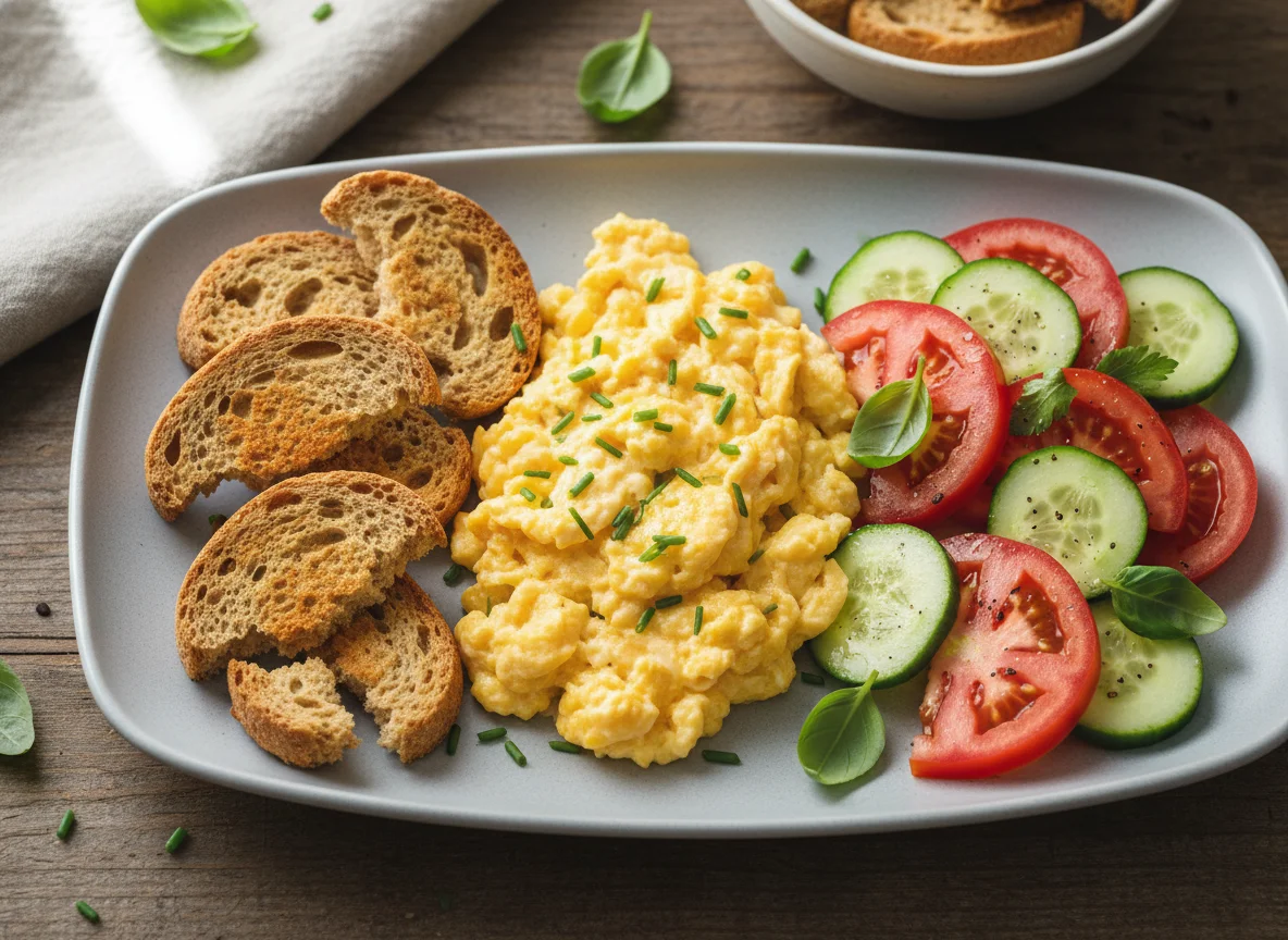 Scrambled eggs with rusks and salad photo