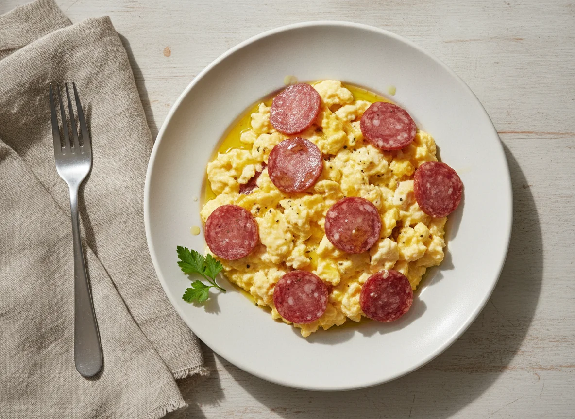 Scrambled eggs with salami photo