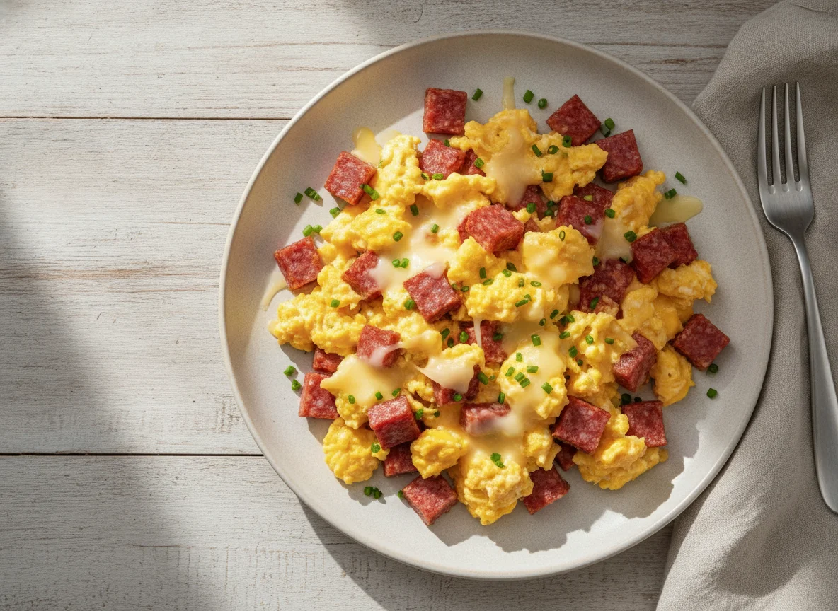 Scrambled eggs with salami and cheese photo