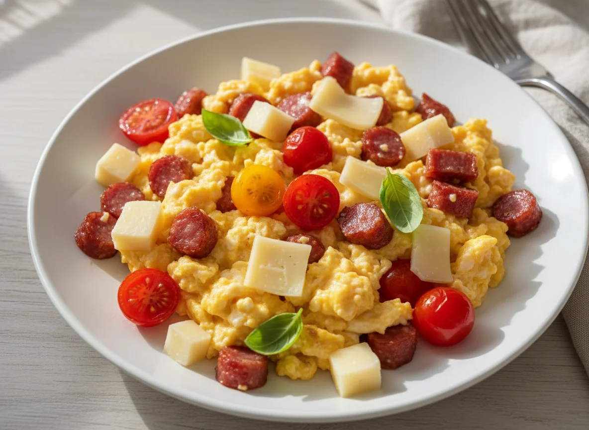 Scrambled Eggs with Salami, Tomatoes, and Gouda Cheese photo