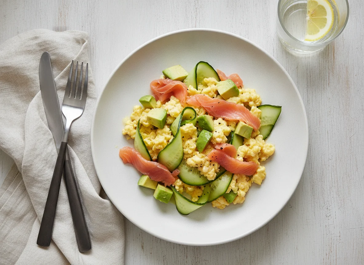 Scrambled eggs with salmon, cucumber and avocado photo