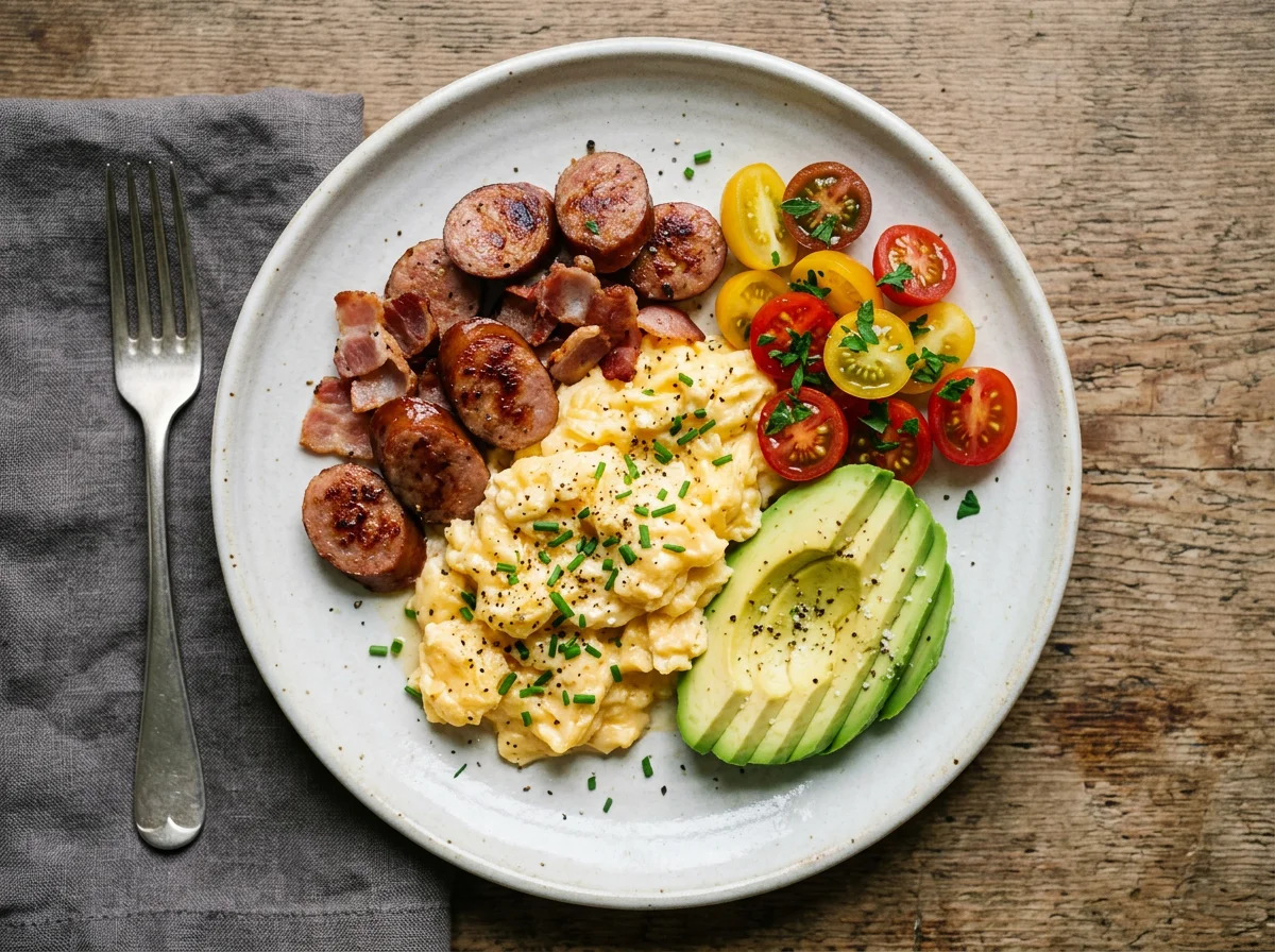 Scrambled Eggs with Sausage and Bacon, Avocado, and Cherry Tomatoes photo