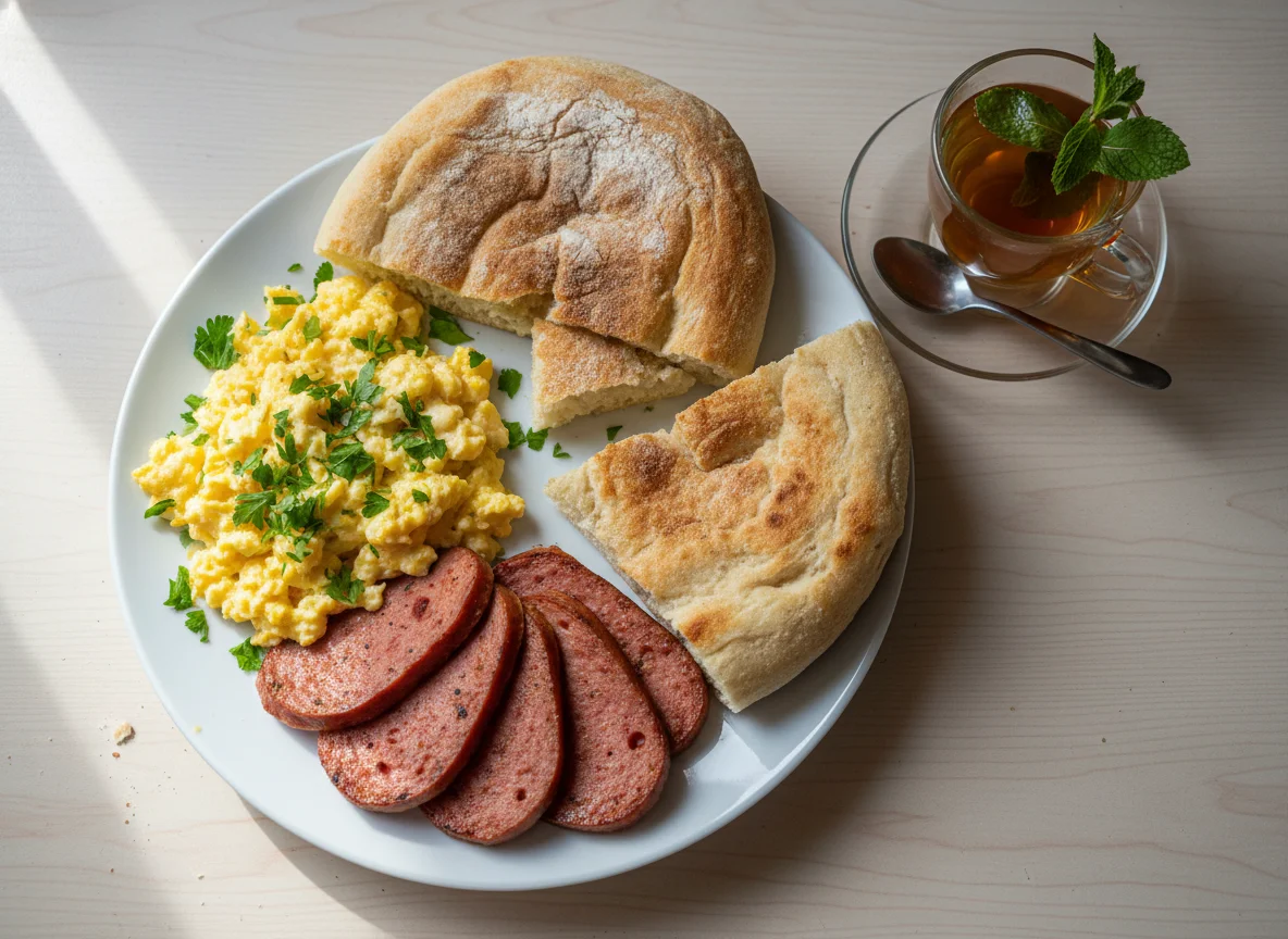 Scrambled Eggs with Sausage and Bread photo