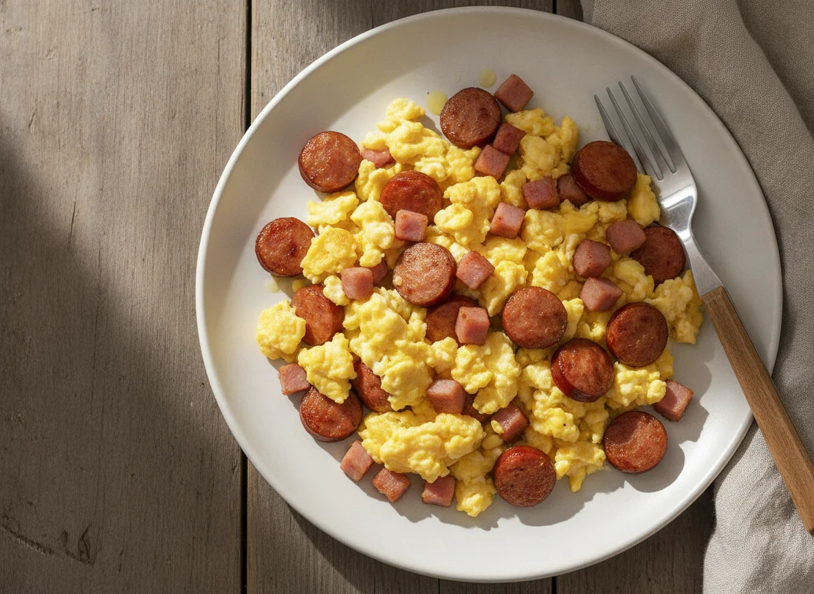 Scrambled Eggs with Sausage and Ham photo