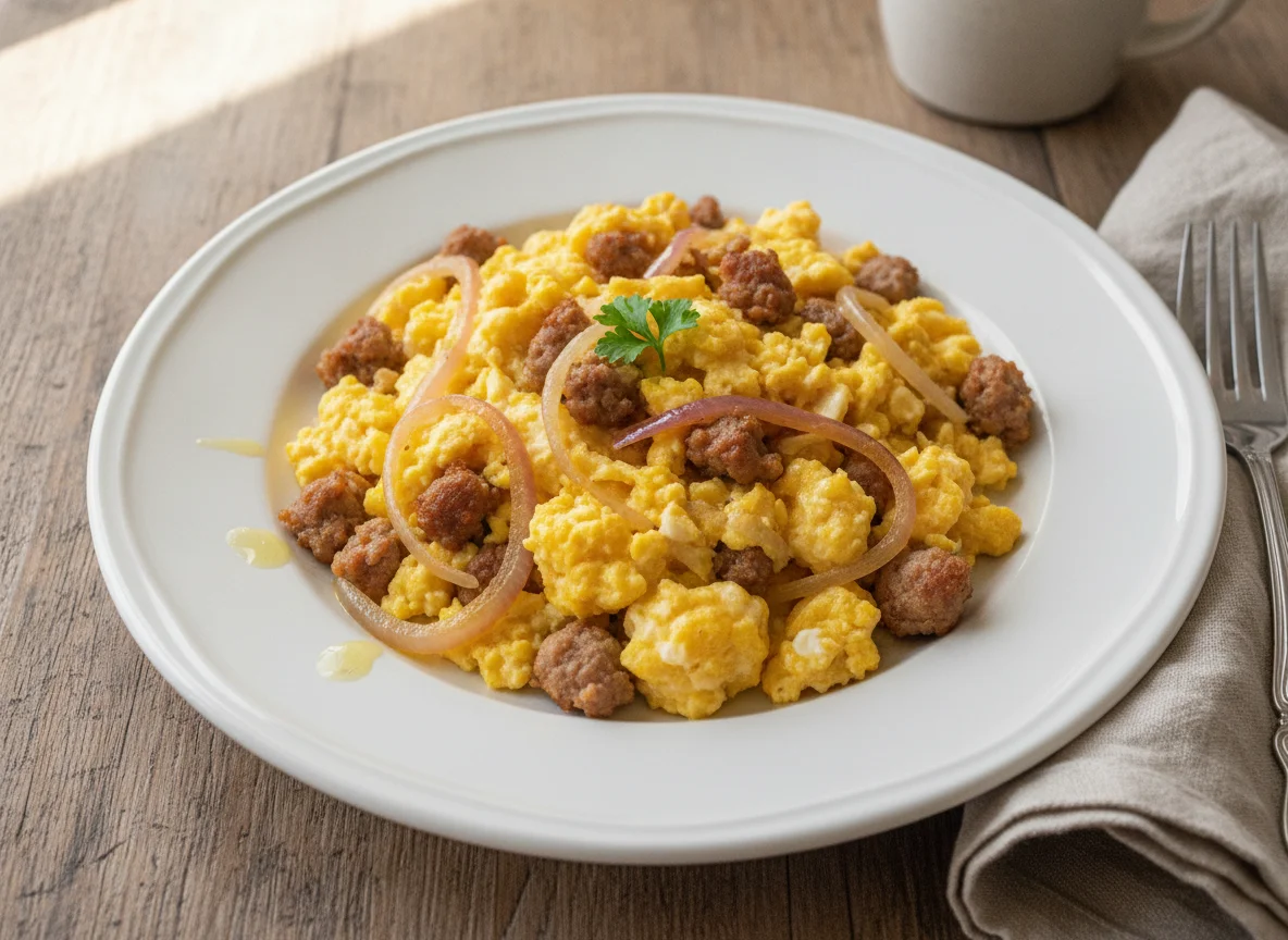 Scrambled eggs with sausage and onions photo