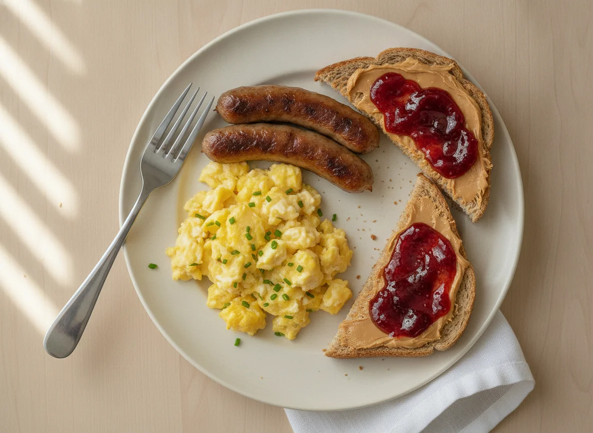 Scrambled eggs with sausage and peanut butter jam toast photo