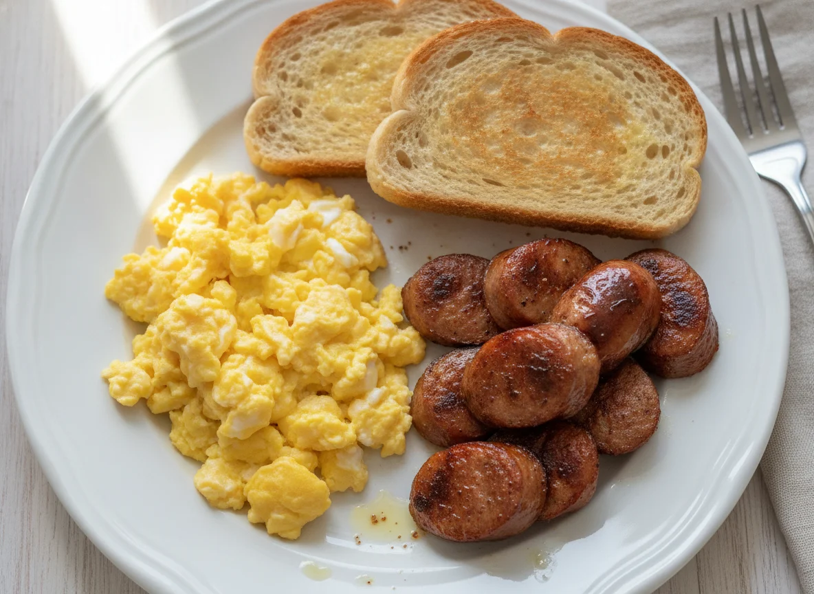 Scrambled eggs with sausage and toast photo