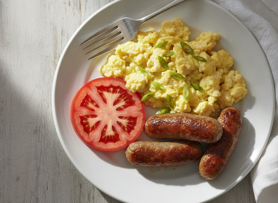 Scrambled Eggs with Sausage and Tomato photo