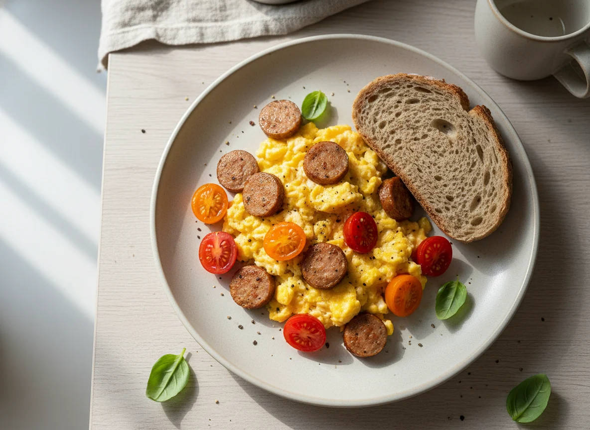 Scrambled eggs with sausage and tomatoes, with a slice of bread photo