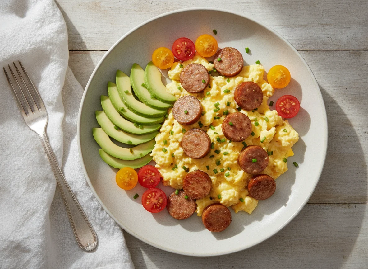 Scrambled eggs with sausage, avocado, and cherry tomatoes photo