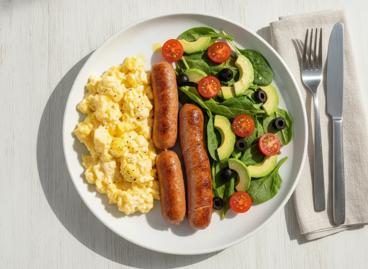 Scrambled eggs with sausage, avocado, and tomato salad photo