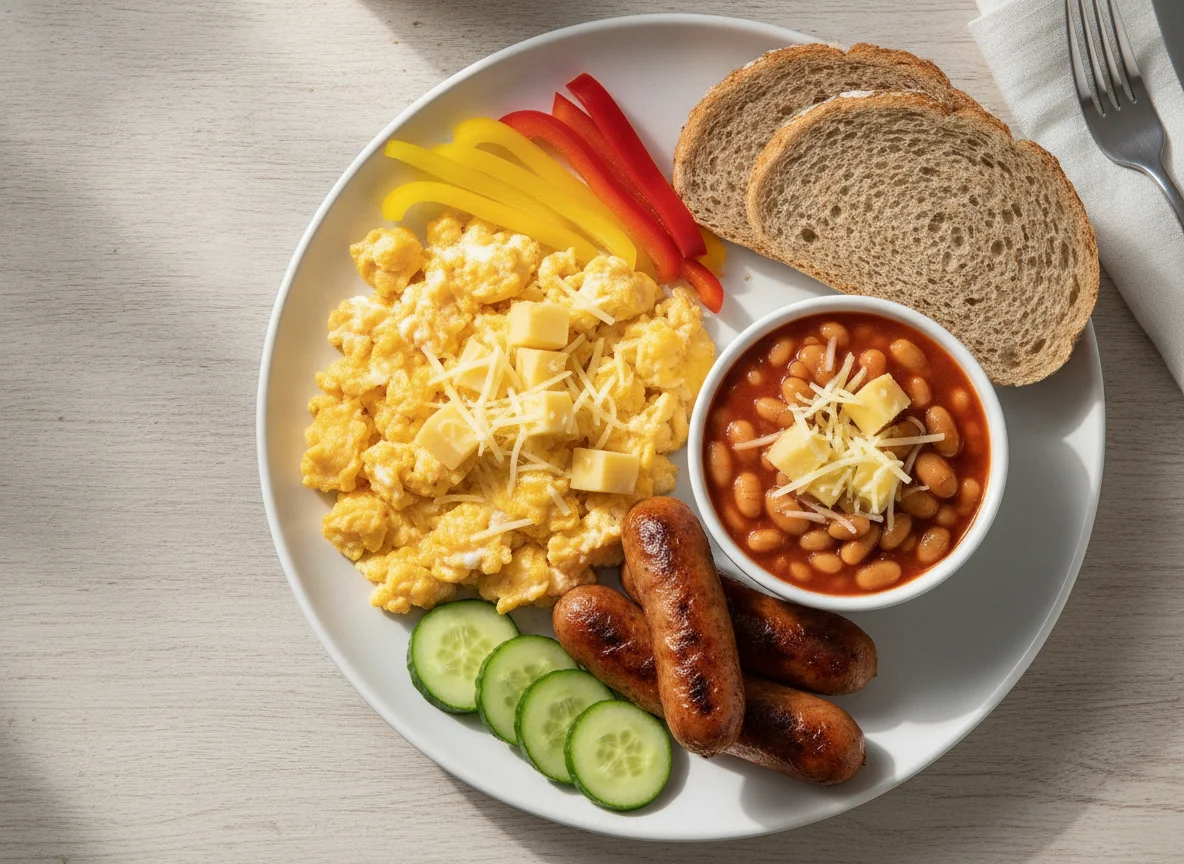 Scrambled eggs with sausage, baked beans, cheese and bread photo