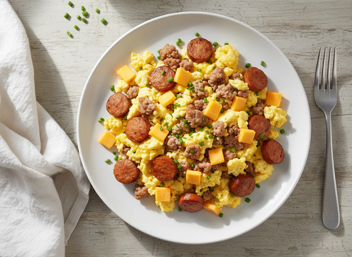Scrambled Eggs with Sausage, Cheese, and Hot Dogs photo