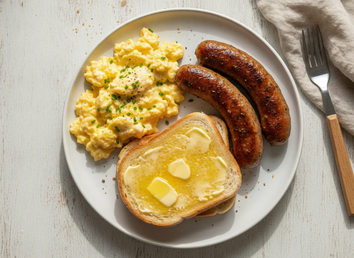 Scrambled eggs with sausage on buttered toast photo