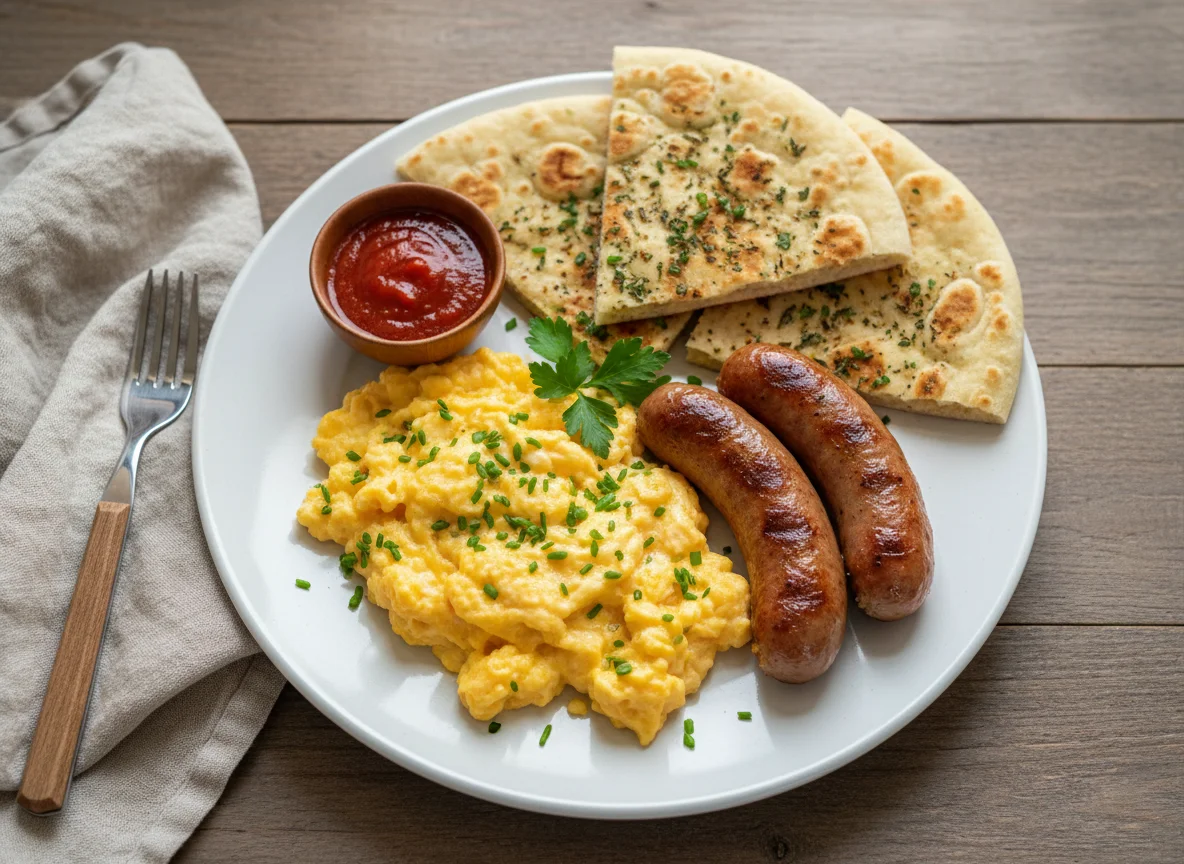 Scrambled Eggs with Sausages and Flatbread photo