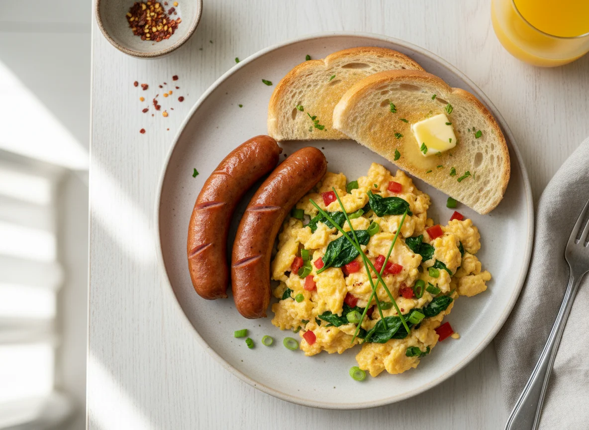 Scrambled Eggs with Sausages and Toast photo