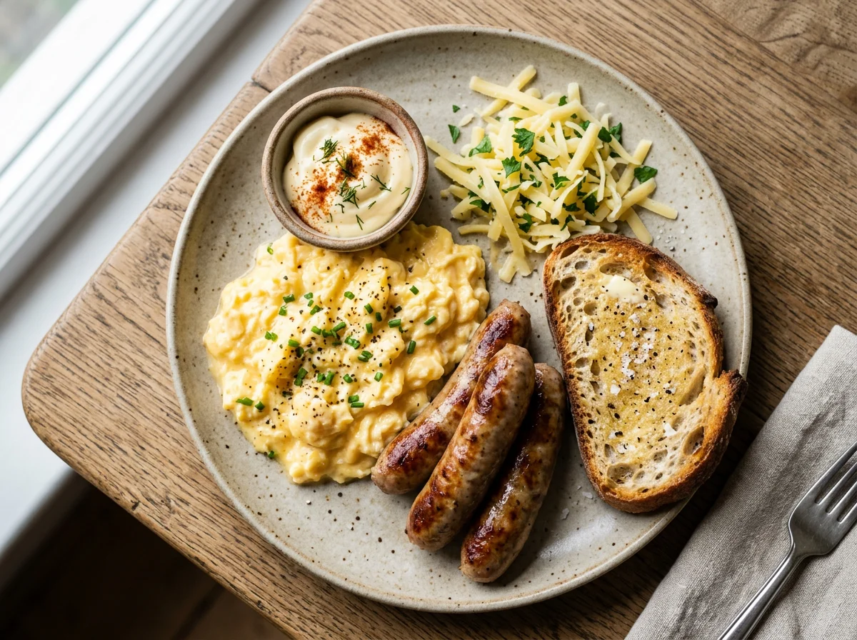 Scrambled eggs with sausages, cheese, and bread photo