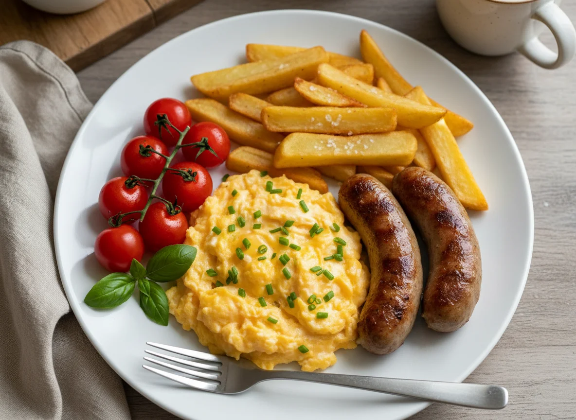 Scrambled Eggs with Sausages, Chips and Tomatoes photo