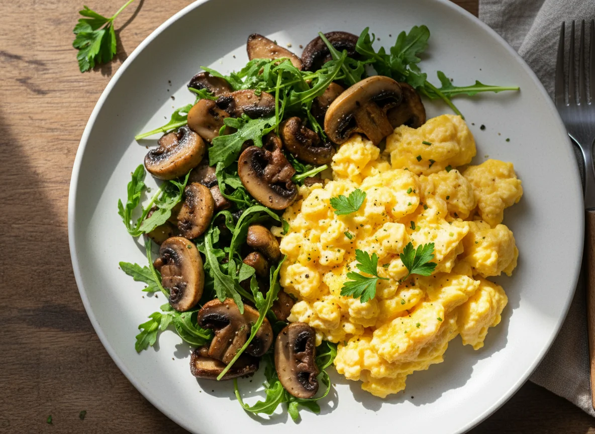 Scrambled Eggs with Sautéed Mushrooms and Arugula photo