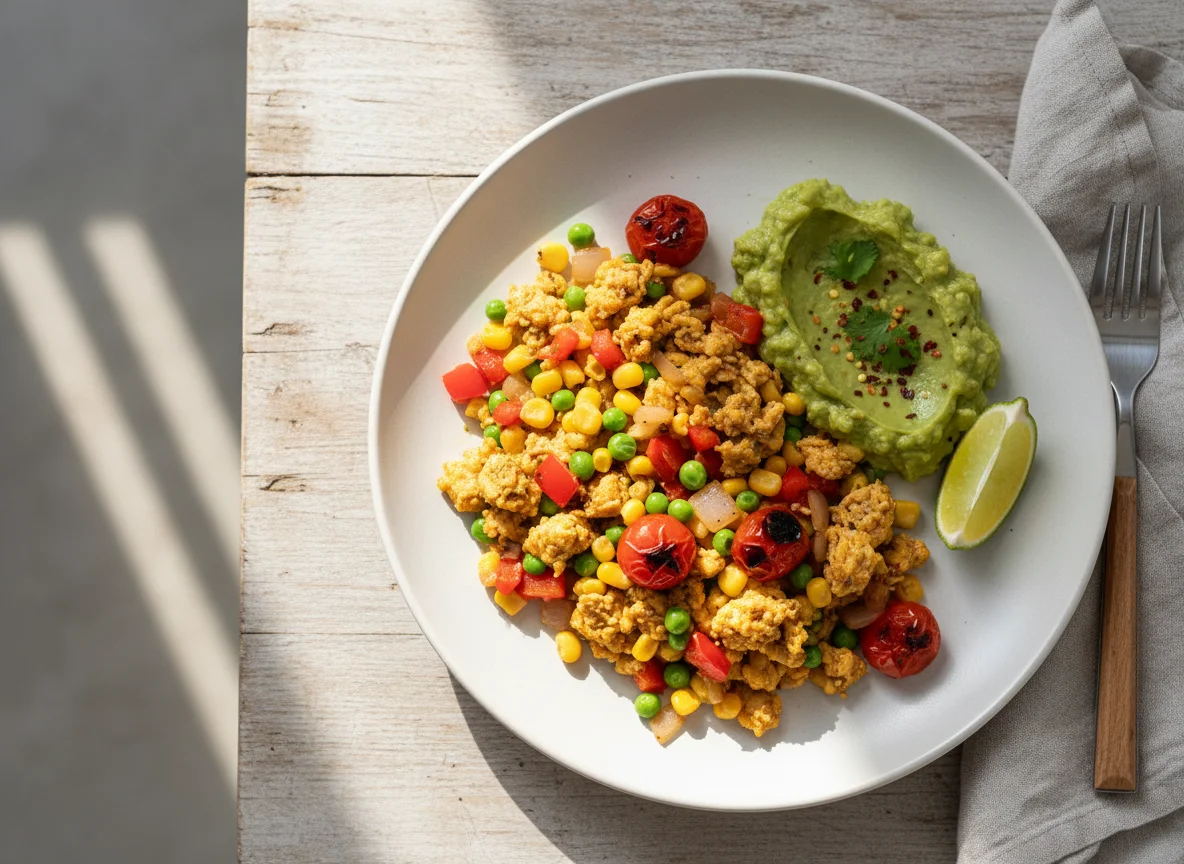 Scrambled Eggs with Sautéed Vegetables and Guacamole photo