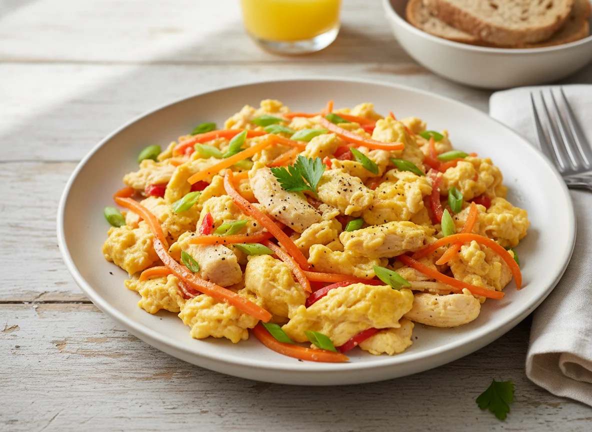 Scrambled Eggs with Shredded Meat and Vegetables photo