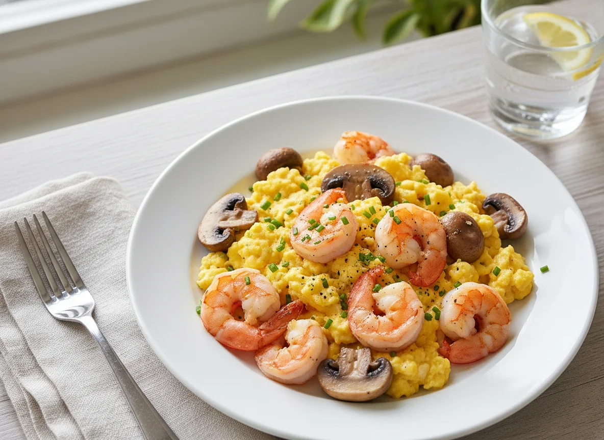 Scrambled Eggs with Shrimp and Mushrooms photo