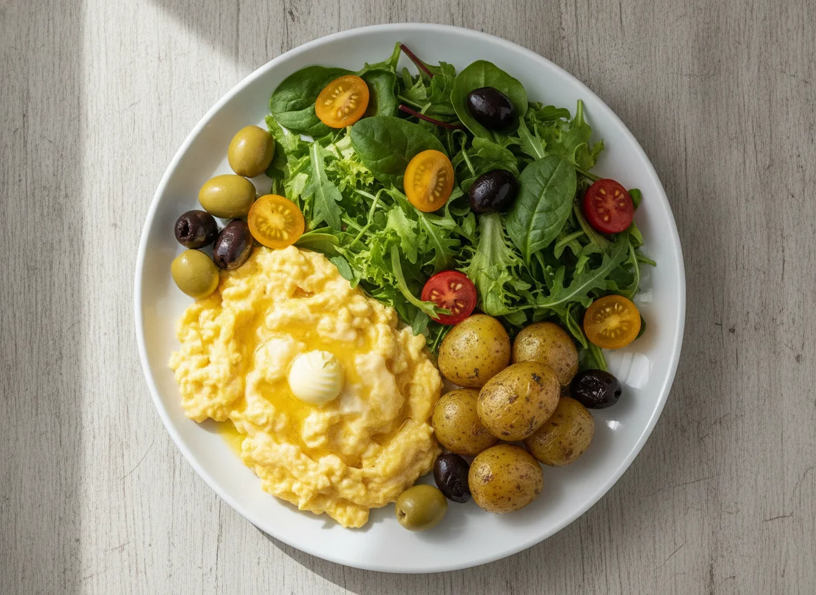 Scrambled eggs with side salad and olives photo