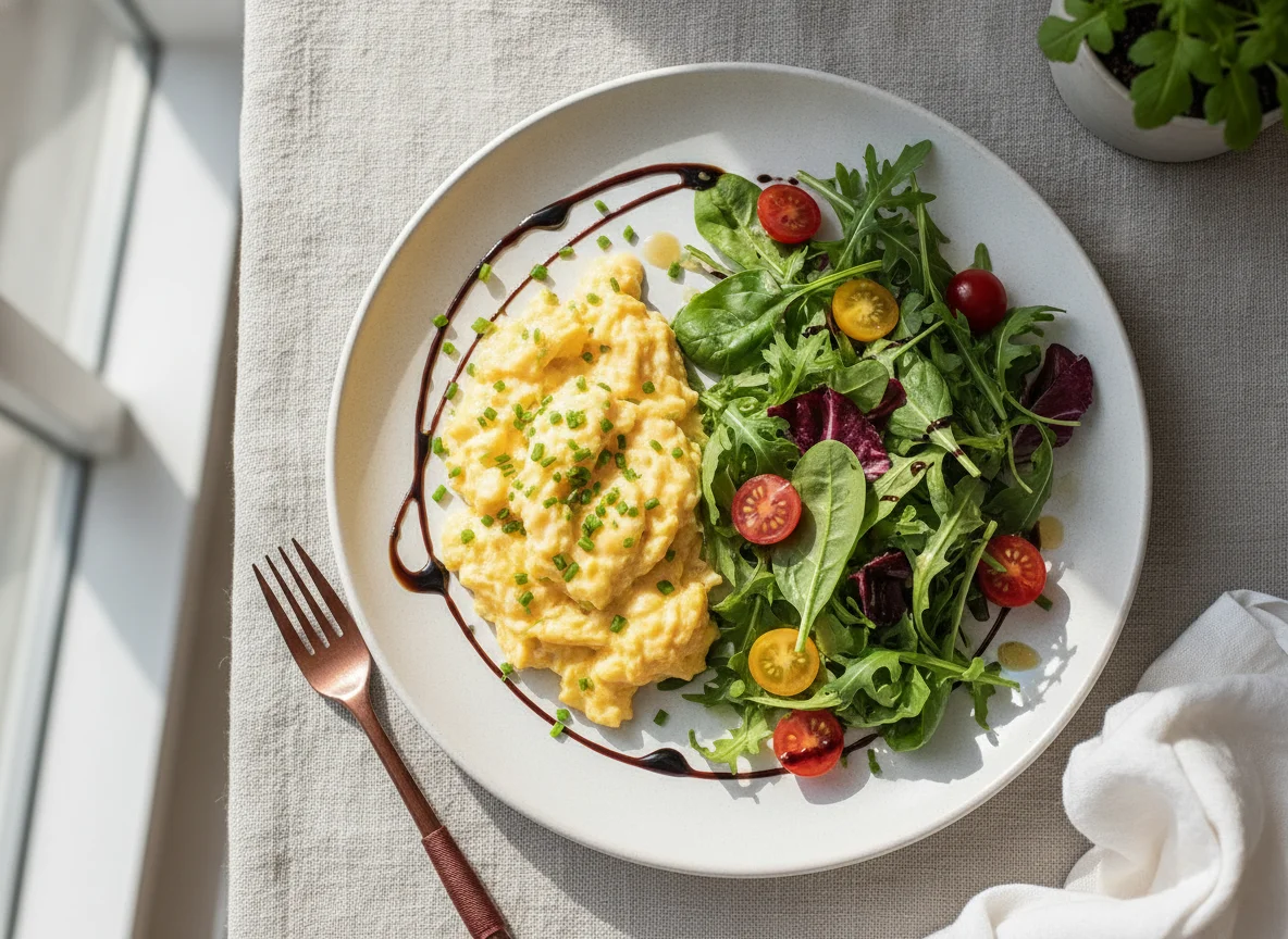 Scrambled eggs with side salad photo